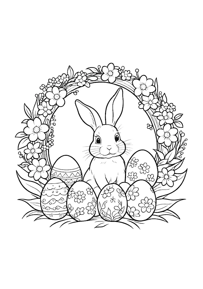 Rabbit with decorated eggs and flowers Easter scene