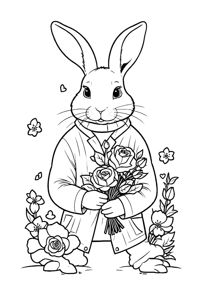 Rabbit Dressed for Valentine&#039;s Day Holding Flowers Coloring Page