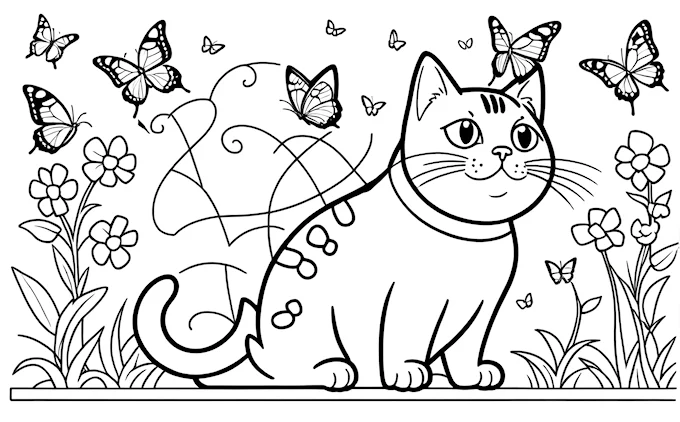 Cat with butterflies on head and tail in grass, lineart, furry art