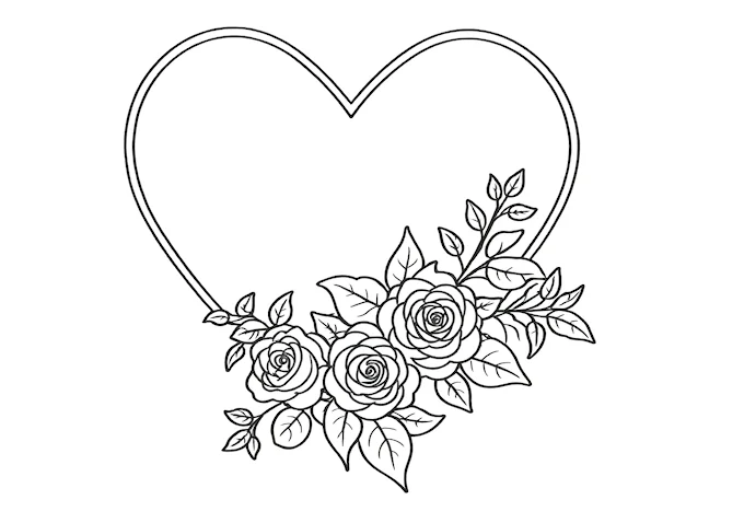 Intricate heart-shaped floral design coloring page