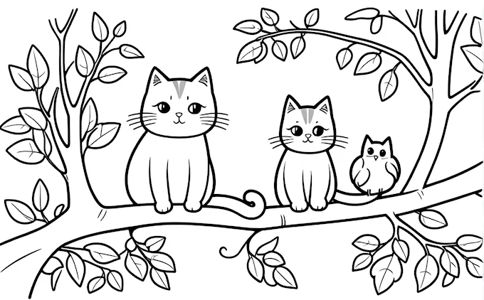 Cat and kitten on a tree branch with leaves