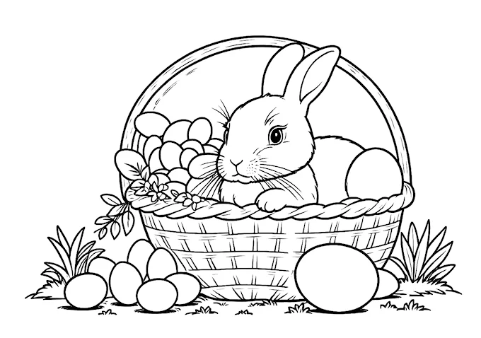 Bunny Rabbit in Egg Basket Coloring Page