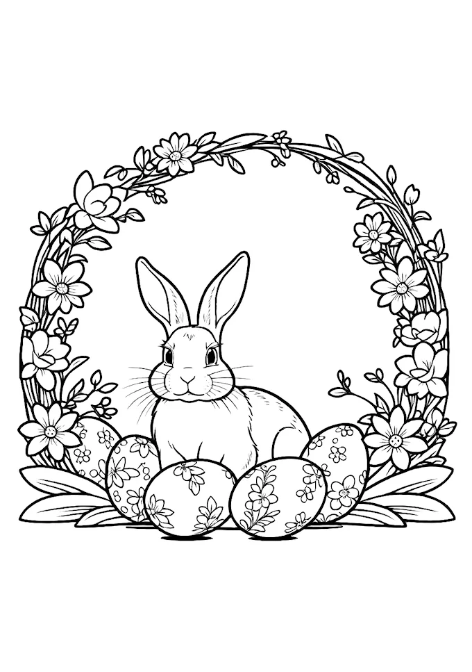 Rabbit on egg with floral and greenery background