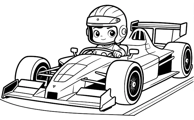Cartoon race car with driver and helmet on top