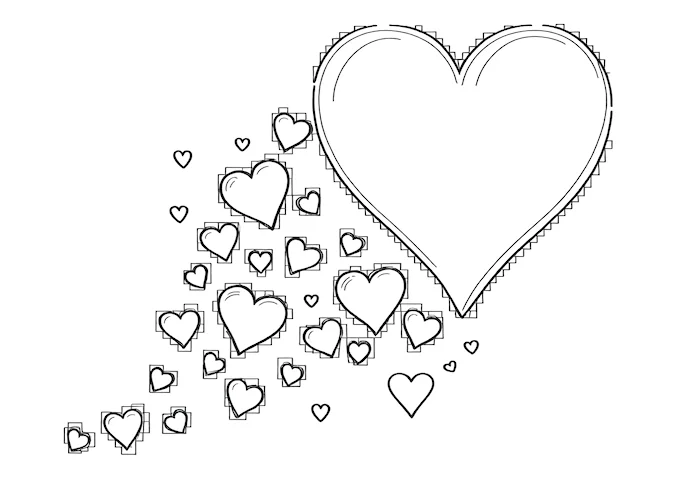 Scattered small hearts around a central black heart coloring page