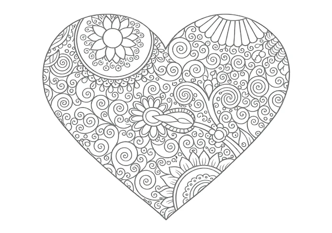 Silver-colored heart with spirals and swirls coloring page