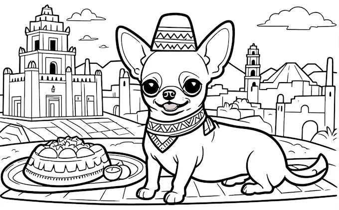 Chihuahua in front of cake and cityscape