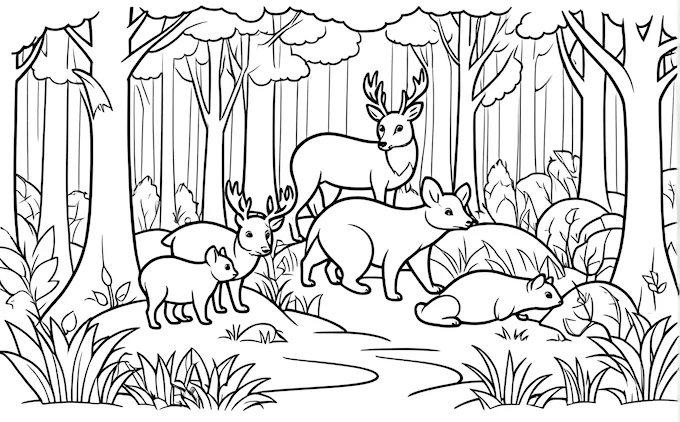 Deer and animals in woods with stream