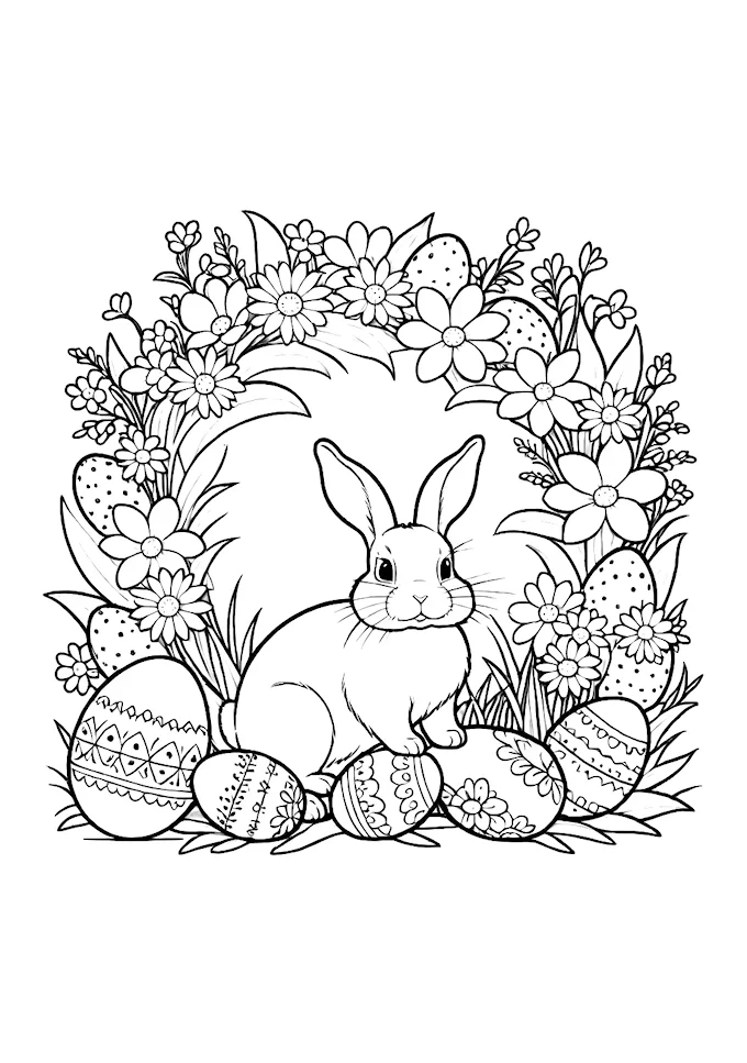 Artistic scene with bunny on eggs surrounded by flowers