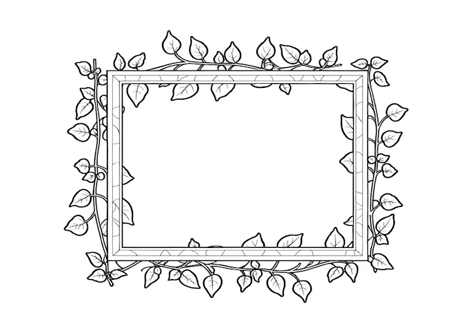 Empty picture frame with vines and leaves coloring page