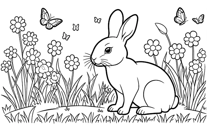 Rabbit in grass with butterflies and flowers