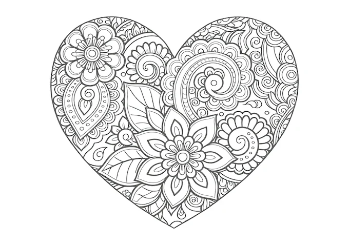 Heart with detailed flower designs coloring page