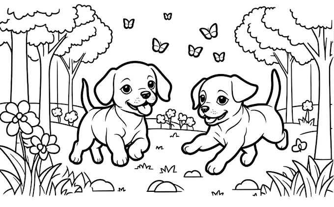 Two dogs playing in a park with butterflies and flowers