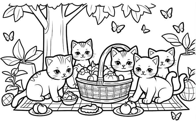 Group of cats around food basket with tree and butterflies