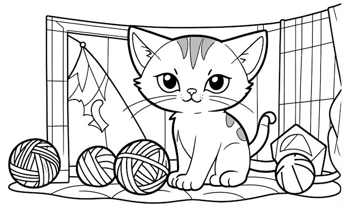 Cat sitting next to ball of yarn with curtain in background, coloring page