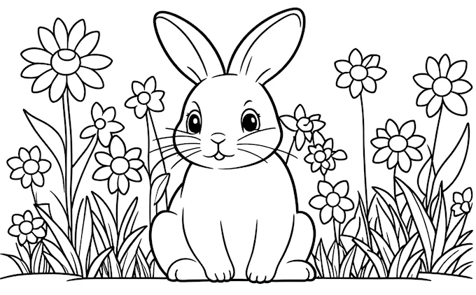 Rabbit in grass, surrounded by flowers, black and white
