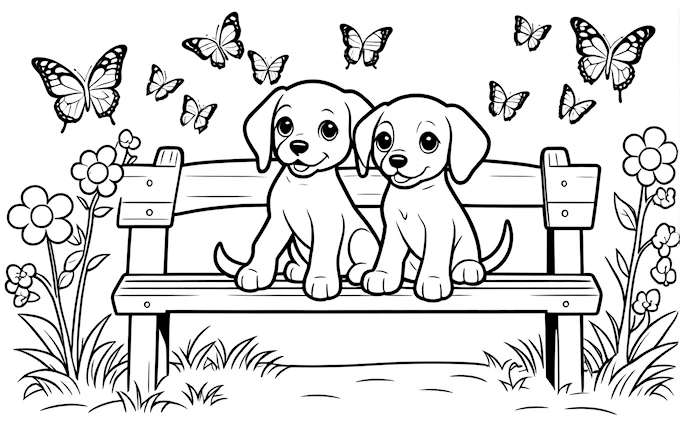 Two dogs on bench with flying butterflies, storybook illustration
