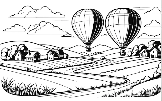 Hot air balloon flying over farm with distant house