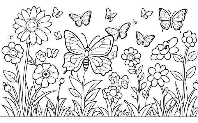 Butterfly and flowers coloring page