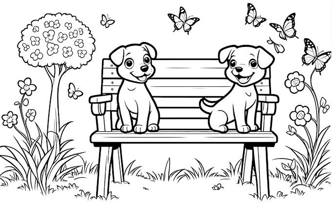 Dog and puppy on a bench in a park, storybook illustration