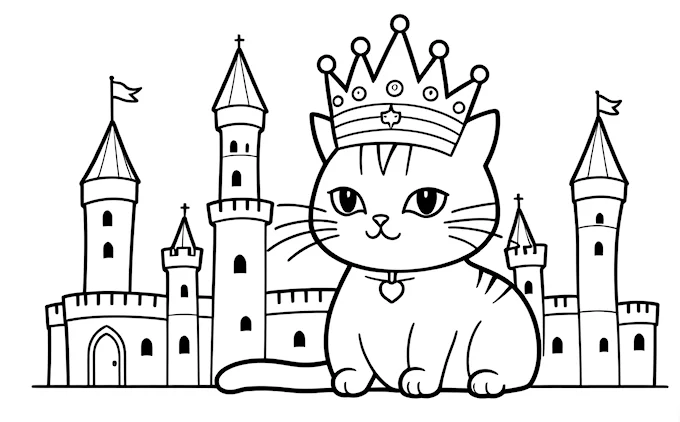 Cat with crown in front of castle