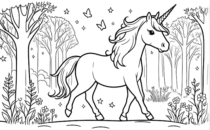 Unicorn walking through woods with flying bird and butterfly, highly detailed magical realism