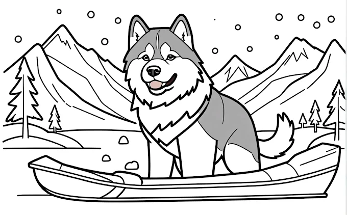 Dog sitting in boat in snowy mountains, kids coloring page