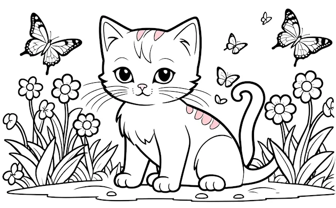 Cat in grass with flying butterflies and flower