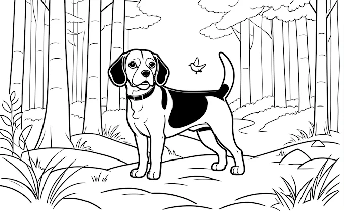Dog in woods with bird on back, universal coloring page