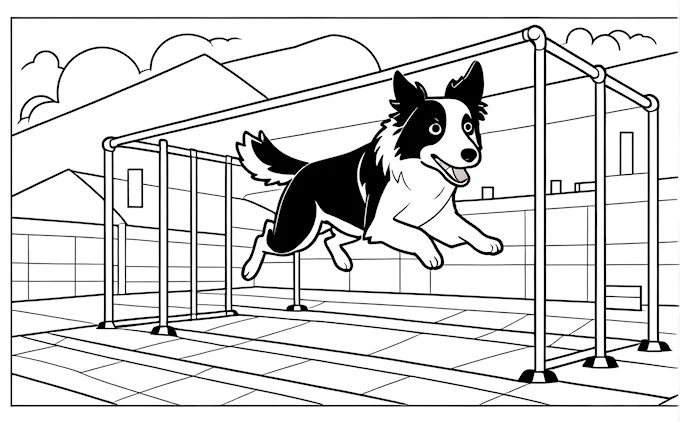 Action scene of dog jumping over hurdle