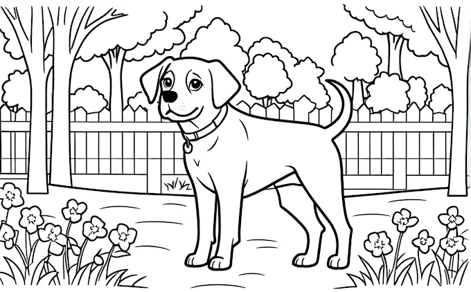 Dog in yard with flowers and fence, coloring page