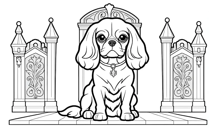 Dog on platform with clock tower and fence