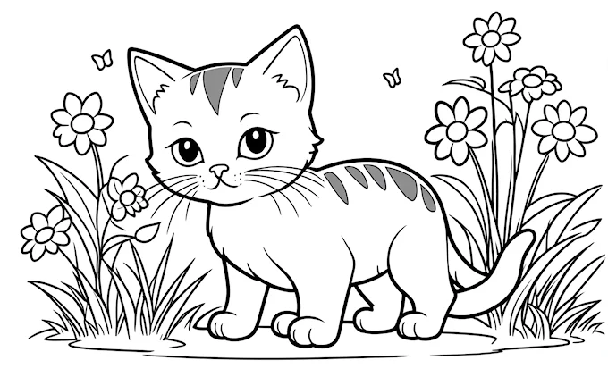 Cat in grass with flowers and flying butterfly