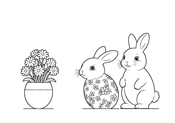 Porcelain Bunnies on Egg-Shaped Vase with Flowers Coloring Page