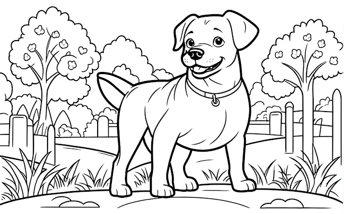 Dog standing in grass with trees, kids and adults coloring page