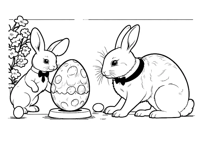 White rabbits in curiosity over a golden egg on table