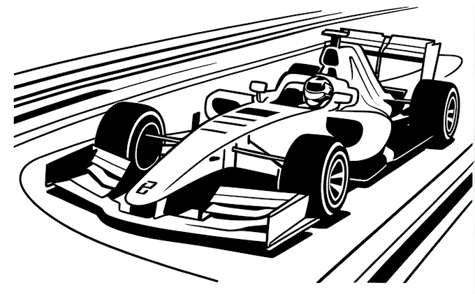 Racing car on track, black and white line art, digital rendering