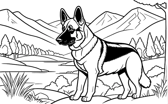 German Shepherd standing in mountain landscape