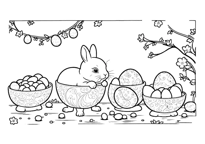 Elegant drawing of bunnies in decorative egg holders