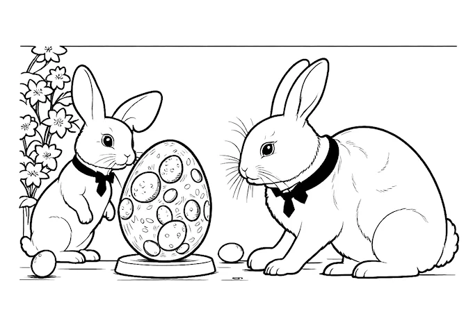 Two white rabbits with one wearing a tie looking at an egg