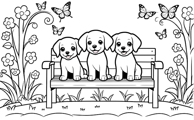 Three dogs on park bench with butterflies and flowers
