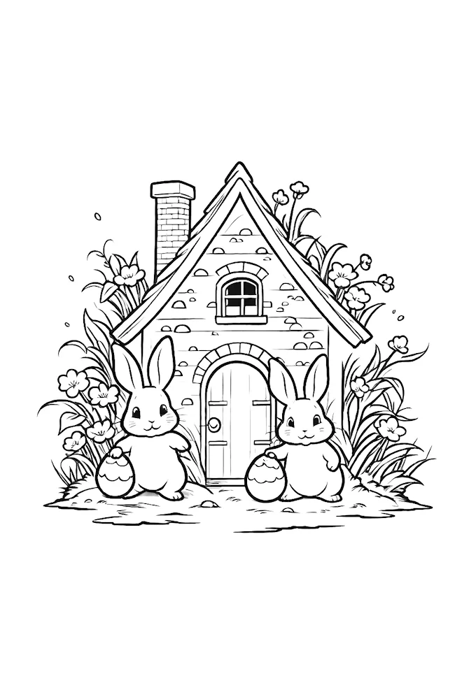 Two rabbits in front of a cozy house with smoke from chimneys