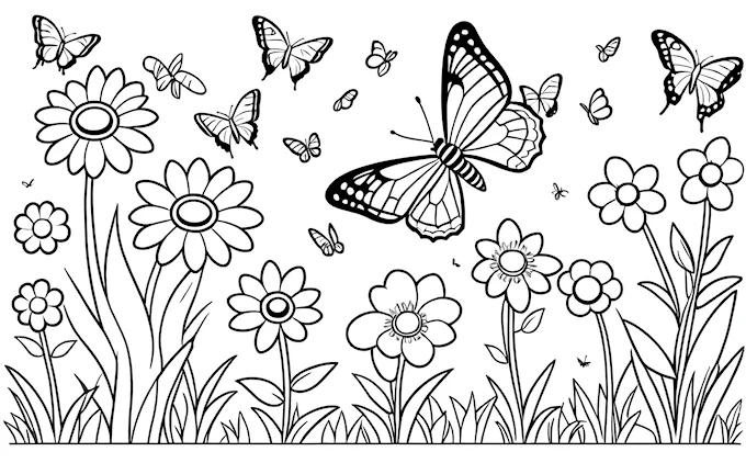 Butterflies and flowers in grass, modern European ink painting