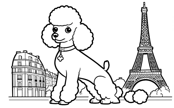 Poodle in front of Eiffel Tower