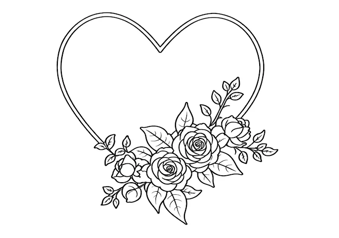Detailed heart-shaped floral design coloring page