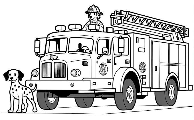 Fire truck with fireman and dog on top