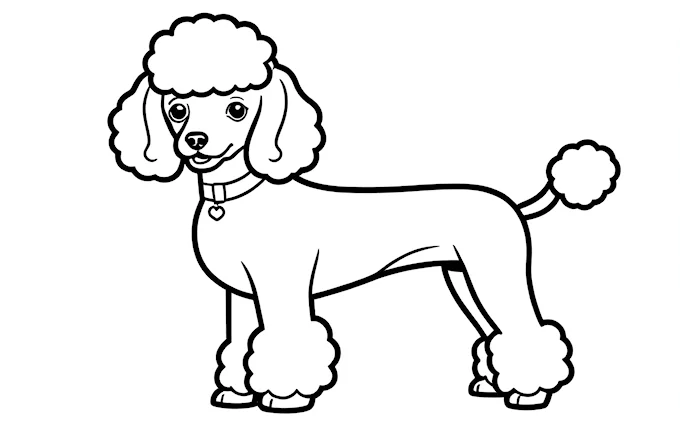 Poodle with distinctive poodle features, line art coloring page