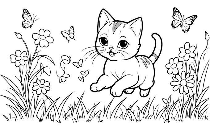 Cat running in field with butterflies and flowers, black and white