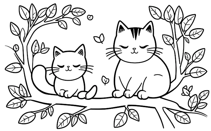 Two cats sitting on a branch with leaves