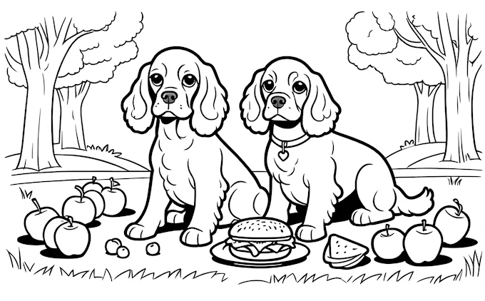Two dogs sitting in grass with apples, children&#039;s coloring page